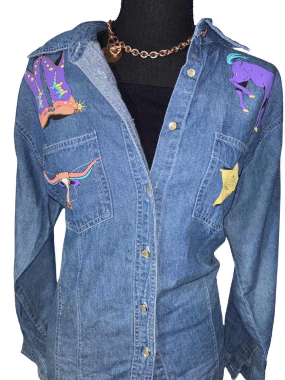 Denim Button-Down Shirt with Colorful Western Motif